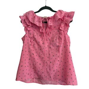 LOFT Pink Floral Seersucker Ruffle Tie Neck Sleeveless Blouse Petite Medium MP